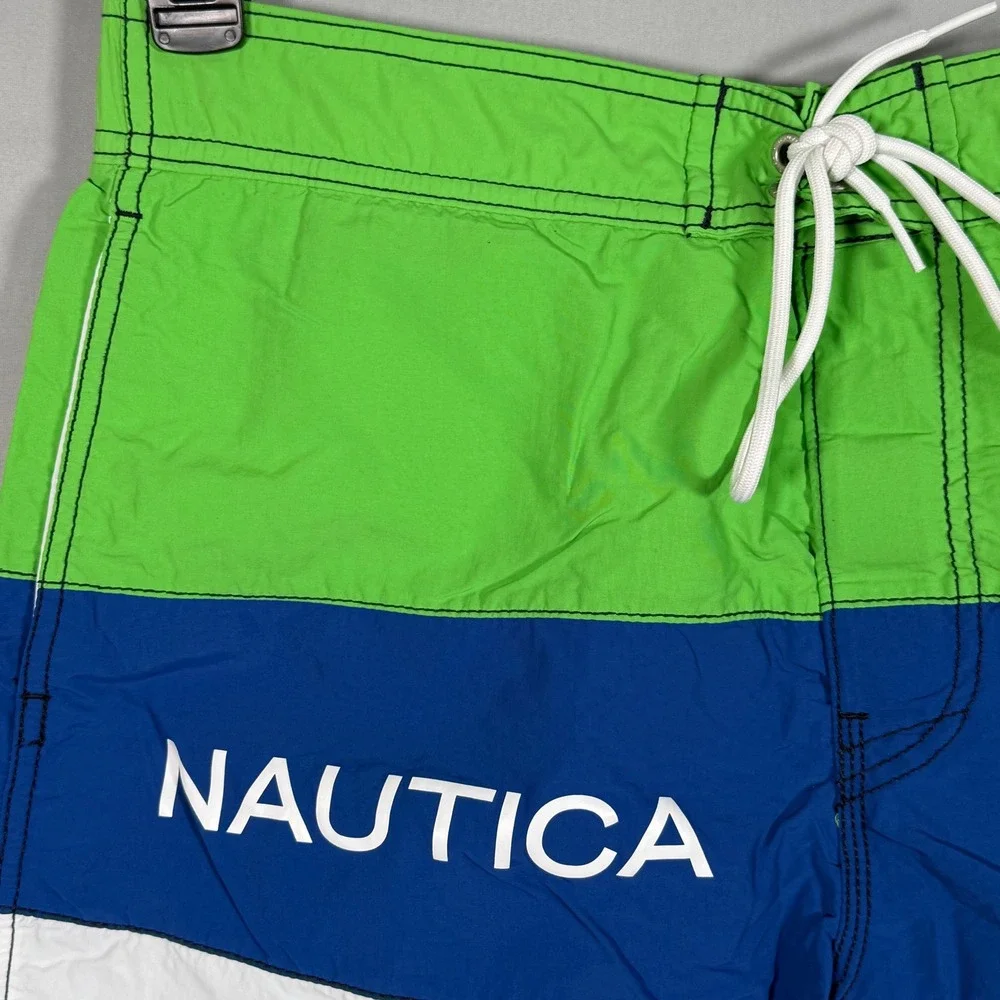 Nautica Mens Colorblock Swim Trunks‎ Green Blue White Logo Mesh Lined Medium